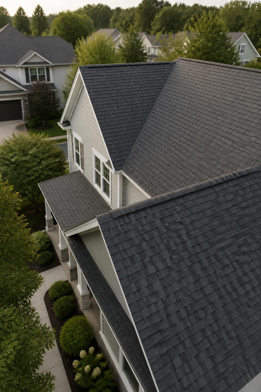 A tidy roofline with repaired shingles above a quiet neighborhood.